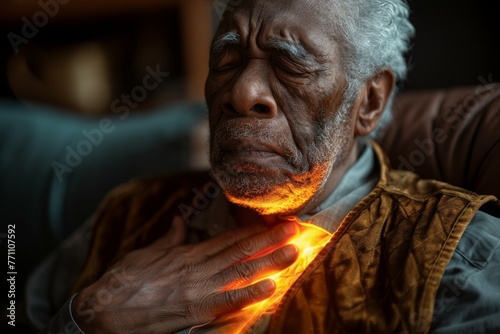 A man with a red glowing hand is sitting on a couch