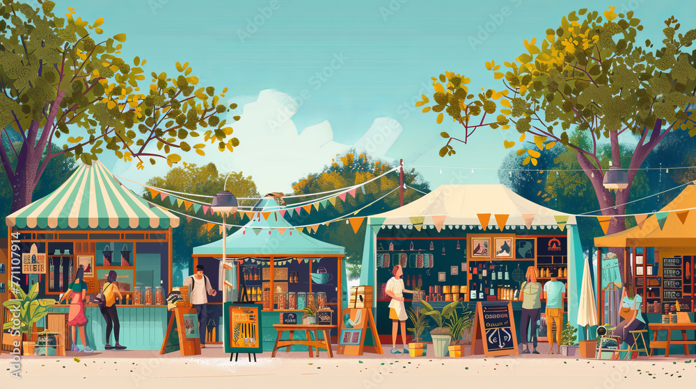 A vibrant digital illustration depicting a bustling market with tents, flags, and shoppers enjoying a sunny day
