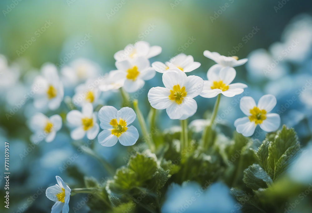Spring forest white flowers primroses on a beautiful blue background macro Blurred gentle sky-blue b Spring forest white flowers primroses on a beautiful blue background macro Blurred gentle sky-blue b