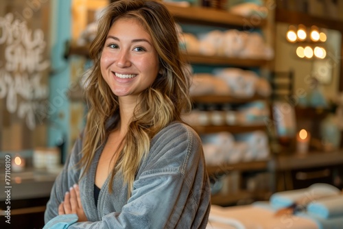Confident Young Woman Smiling in a Casual Setting with Arms Crossed, Warm Atmosphere, Interior Background, Lifestyle Portrait