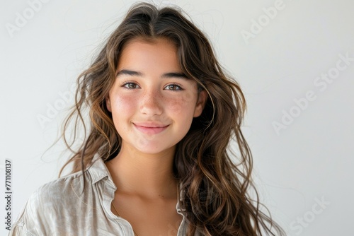 A girl with long brown hair is smiling at the camera