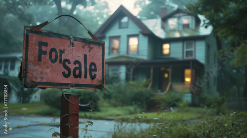 An evocative image of a worn 'For Sale' sign in front of a house on a foggy day photo
