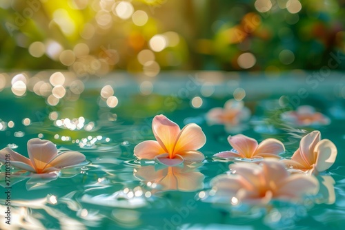 Tranquil Tropical Poolside with Floating Frangipani Serene Nature  Vibrant Petals on Water Backdrop  Golden Hour Glow