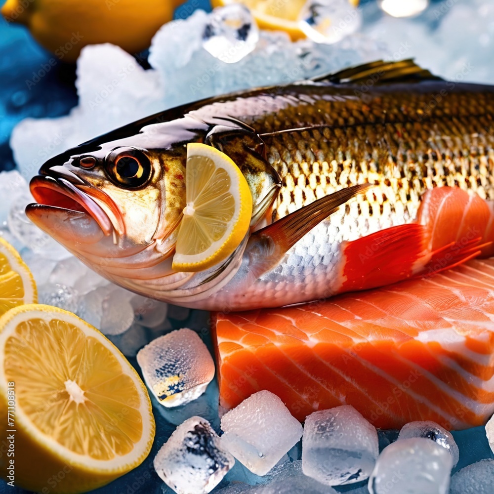 Fresh fish on ice with lemon wedges, seafod for sale cold for freshness