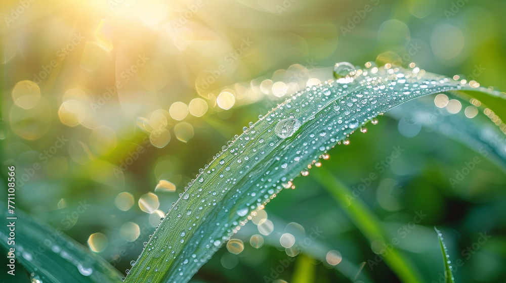 Closeup of fresh morning dew on a green grass blade with sun rays illuminating the scene, symbolizing freshness and new beginnings - obrazy, fototapety, plakaty 