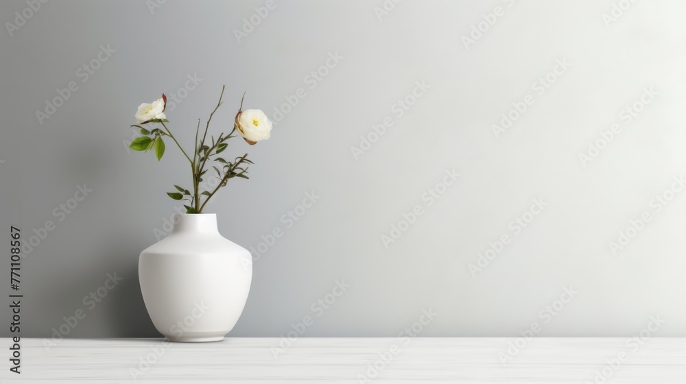 White ceramic vase with one eustoma bush on a minimalist white table no text, no inscriptions, no advertising, ::3 --ar 16:9 --quality 0.5 --stylize 0 --v 5.2 Job ID: 0aa77a11-8f8a-4599-a814