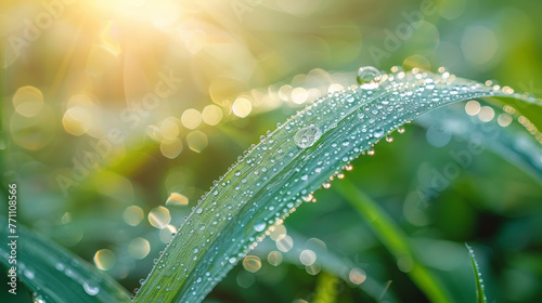 Closeup of fresh morning dew on a green grass blade with sun rays illuminating the scene, symbolizing freshness and new beginnings photo