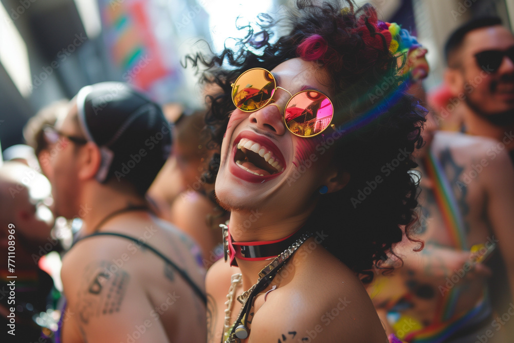 Drag dressed in costume, gay pride festival with celebration and laughter with sunglasses among men Drag dressed in costume, gay pride festival with celebration and laughter with sunglasses among men