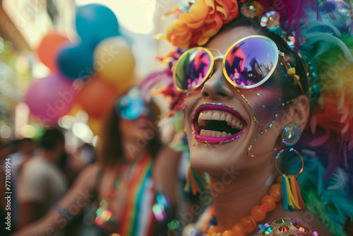 Drag Queen in gay pride parade, copy space of a man dressed as a woman laughing in the streets full of lgbt people in lgbt celebration