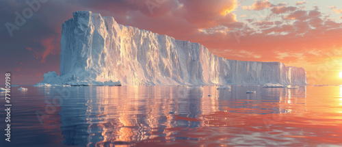 Majestic ice wall under golden sunset light reflecting off calm sea waters, creating a magnificent visual photo
