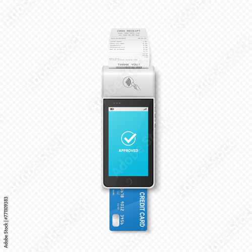 Vector 3D Realistic NFC Payment Terminal with Payment Receipt, Credit Card. Payment Machine - Approved Status. Design Template for Bank Payment Contactless Terminal. Mockup of a POS Terminal. Top View