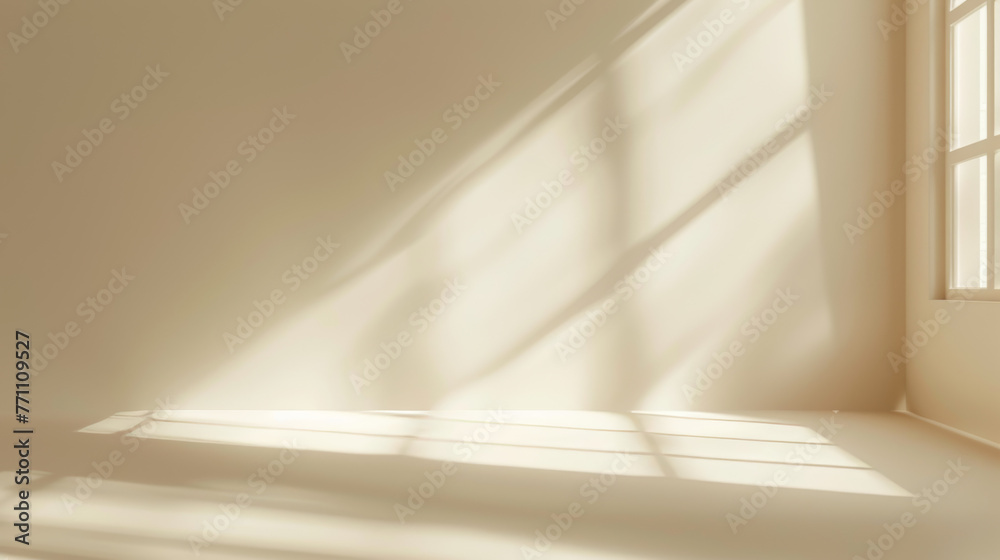 Soft and warm sunlight spills into an empty room, creating a serene play of light and shadow on the walls and floor Soft and warm sunlight spills into an empty room, creating a serene play of light and shadow on the walls and floor
