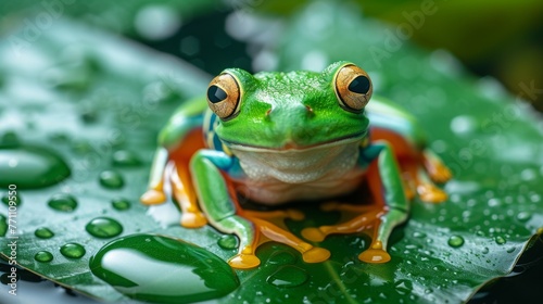 a bright green tree frog sitting on a leaf above the water © Siti