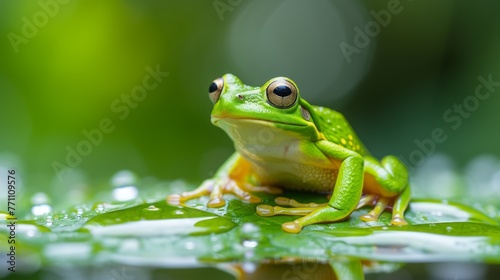 a bright green tree frog sitting on a leaf above the water