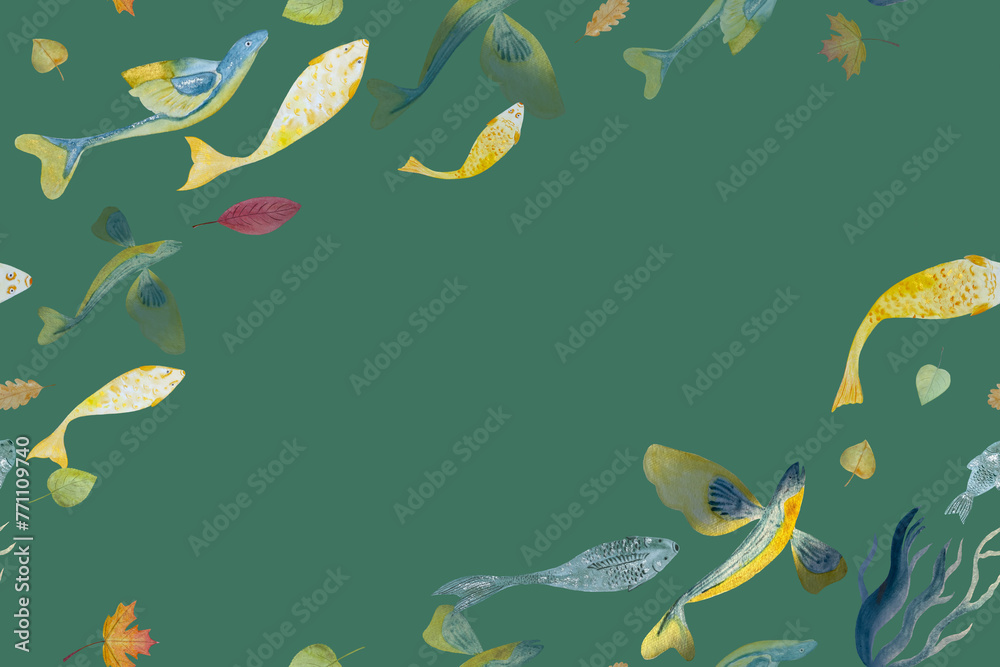 Beautiful decorative fishes watercolor hand drawn seamless banner