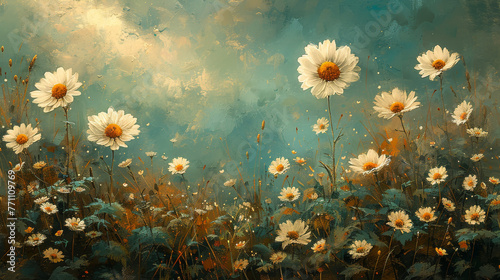 Charming daisies presented with a vintage feel on a rustic  textured background canvas