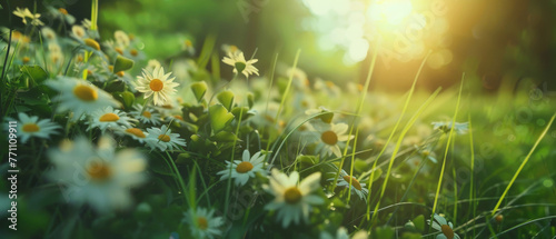A beautiful carpet of white daisies enveloped in the soft sun rays piercing through the green thickets photo