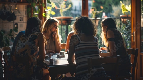 A group of people sit around a table backs facing the camera as they play a lively game of cards. . .