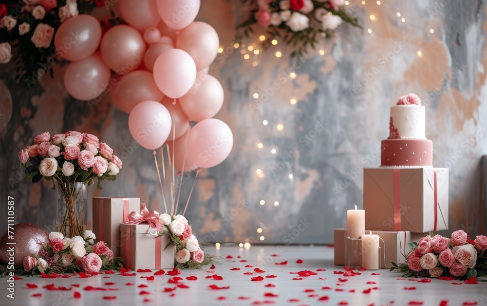 love balloons and gifts and candles and love cake are on the side and there are red rose petals on the floor, looks romantic with simple pastel colors