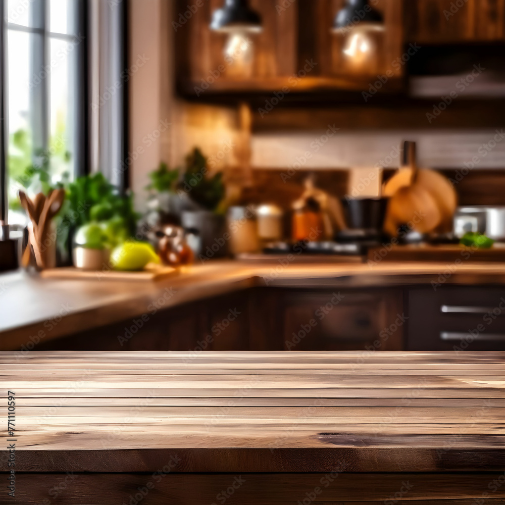 Wooden table of free space in kitchen and blurred vegetables ,elegant interior . Wooden table of free space in kitchen and blurred vegetables ,elegant interior .