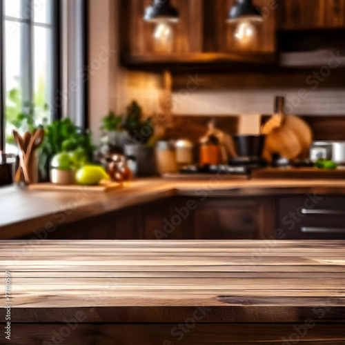 Wooden table of free space in kitchen and blurred vegetables  elegant interior .