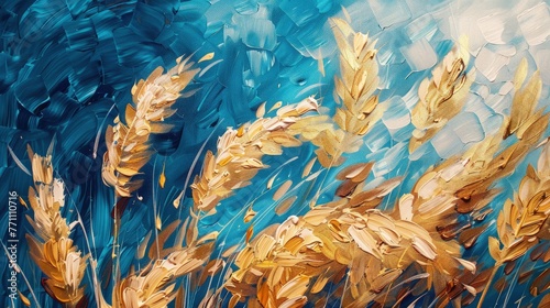 Stylized wheat field artwork with a vibrant blue background, Concept of agriculture, growth, and natural resources 
