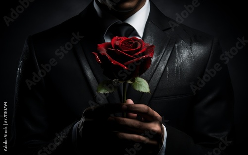 photo of a man in a black suit holding a rose hidden behind his body