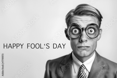 Funny young man with large glasses and foolish surprised expression. April Fool's Day curious card concept photo