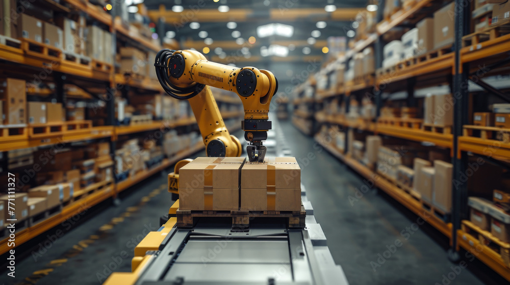 The image focuses on a robotic machinery arm lifting cardboard boxes in a highly-organized storage space The image focuses on a robotic machinery arm lifting cardboard boxes in a highly-organized storage space