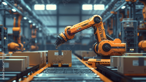 A robotic arm in an industrial setting effortlessly moves boxes, depicting modern automation technology photo