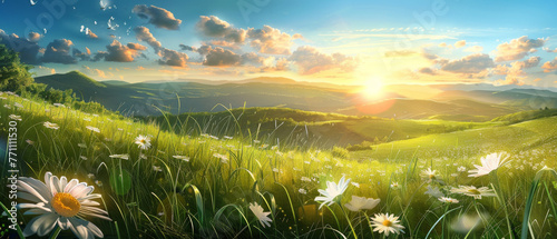 The dynamic and vibrant colors of sunset magnificently highlight a hillside abloom with fresh daisies  representing life and renewal amidst nature s splendor