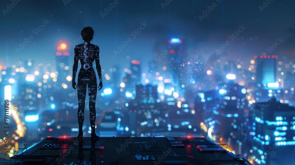 A lone figure stands on a rooftop overlooking the digital cityscape below. Their body is adorned with hightech gadgets and a body . . - obrazy, fototapety, plakaty 