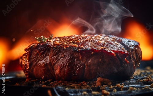 photo of steak while it's still smoking with a side position and aesthetic bokeh