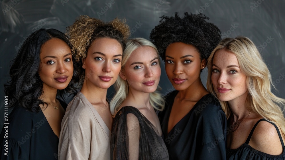 Group portrait of six beautiful ladies with different skin and hair color Group portrait of six beautiful ladies with different skin and hair color