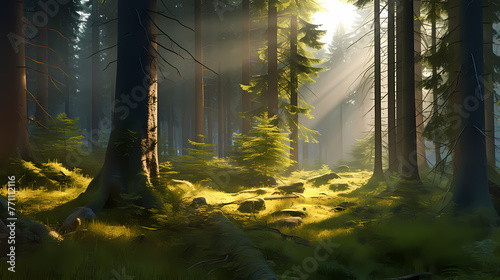 Natural woods illuminated by sunlight photo