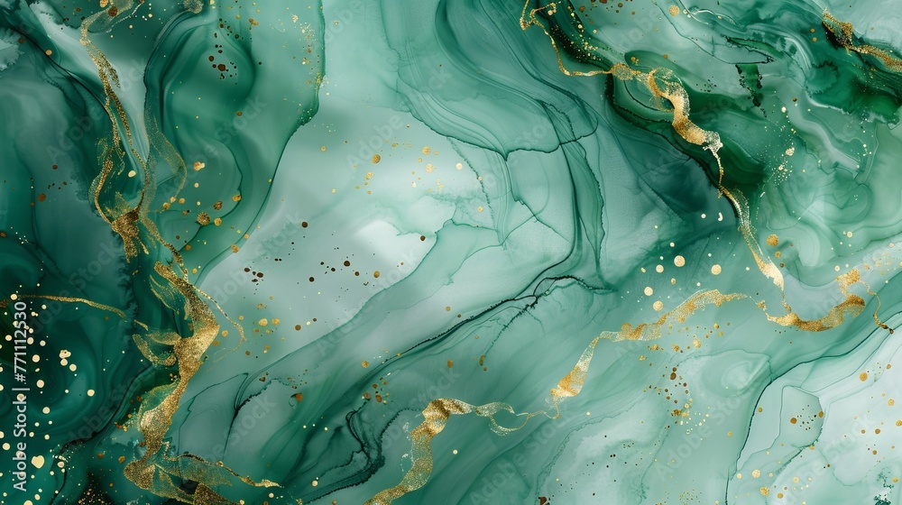A watercolor background featuring green paints with golden shiny veins, presenting a luxurious liquid marble texture for elegant design uses