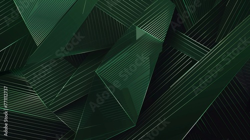 An abstract dark green geometric background is composed of triangular shapes intertwined with lines and stripes, crafted as a vector illustration