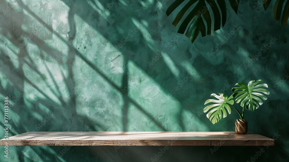 An empty table set against a textured dark green wall, highlighted by monstera leaf shadows and light reflections, perfect for product presentation mockups An empty table set against a textured dark green wall, highlighted by monstera leaf shadows and light reflections, perfect for product presentation mockups