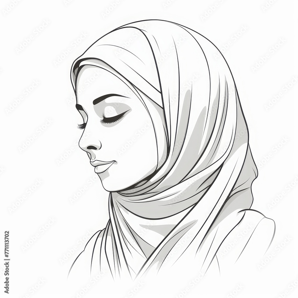 vector line art illustration of the face of a woman wearing a hijab from the side on a solid white background vector line art illustration of the face of a woman wearing a hijab from the side on a solid white background