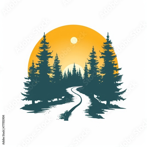 vector logo illustration of a middle of the forest road with a solid white background