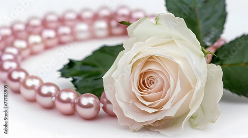 Beautiful white rose with green leaf on a pearl pink necklace lined in circle isolated on white background macro. Original concept is the idea of a gentle artistic art image for congratulations.