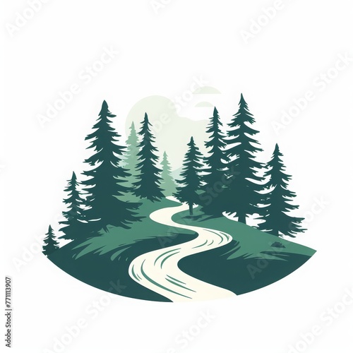 vector logo illustration of a middle of the forest road with a solid white background