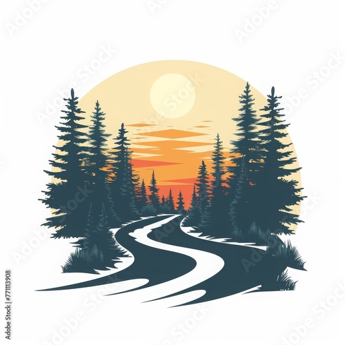 vector logo illustration of a middle of the forest road with a solid white background