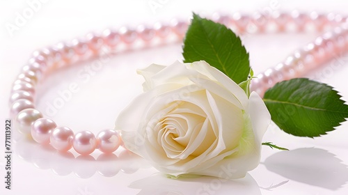 Beautiful white rose with green leaf on a pearl pink necklace lined in circle isolated on white background macro. Original concept is the idea of a gentle artistic art image for congratulations. photo