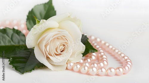 Beautiful white rose with green leaf on a pearl pink necklace lined in circle isolated on white background macro. Original concept is the idea of a gentle artistic art image for congratulations.