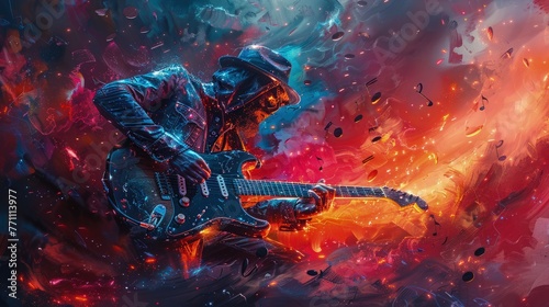 Guitarist immersed in a vivid abstract nebula, Concept of music, passion, and cosmic inspiration