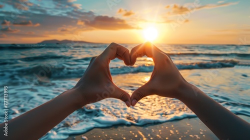 Close up hands gesture make heart shape on beach sunset background. AI generated photo