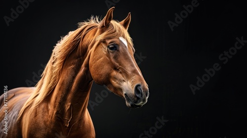 Portrait beautiful brown horse run forward in dark background. AI generated image photo