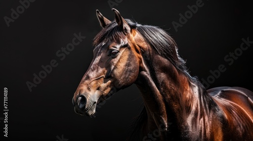 Portrait beautiful brown horse run forward in dark background. AI generated image