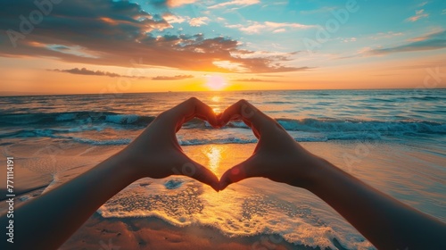 Hands gesture make heart shape on beach sunset background. AI generated image